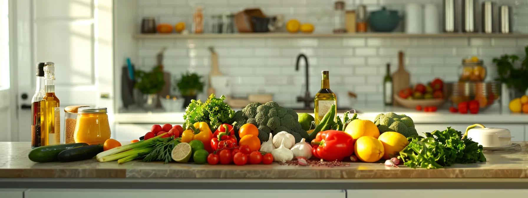 a modern kitchen setting showcases a vibrant array of colorful fruits, vegetables, and prebiotic foods arranged on a sleek countertop, emphasizing a healthy lifestyle that promotes the growth of akkermansia.