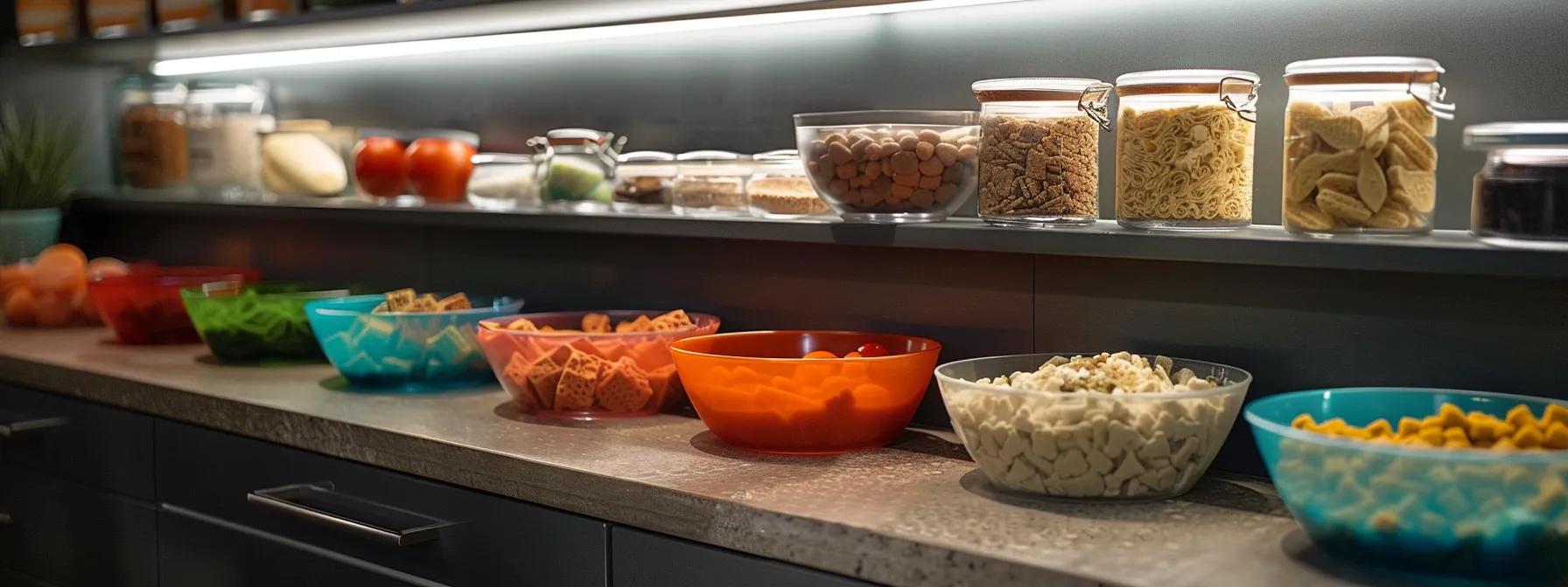 a modern kitchen workspace is meticulously arranged, featuring vibrant bowls filled with assorted hypoallergenic dog treat ingredients, alongside clear storage containers labeled for freshness, all illuminated by bright, focused overhead lighting that highlights the textures and colors of the treats. a modern kitchen workspace is meticulously arranged, featuring vibrant bowls filled with assorted hypoallergenic dog treat ingredients, alongside clear storage containers labeled for freshness, all illuminated by bright, focused overhead lighting that highlights the textures and colors of the treats.