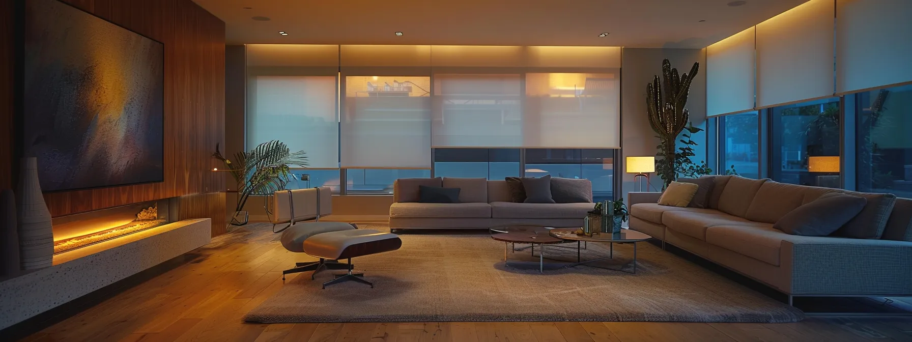 a modern living room with sleek, energy-efficient roller shades that seamlessly integrate with smart home technology, providing optimal light control and enhancing comfort while reducing utility costs. a modern living room with sleek, energy-efficient roller shades that seamlessly integrate with smart home technology, providing optimal light control and enhancing comfort while reducing utility costs.