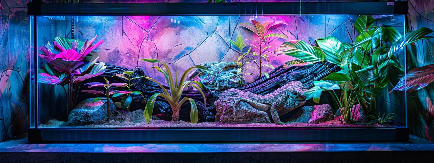 a modern lizard enclosure setup features sleek, high-tech uvb fixtures and accessories, including integrated reflectors and diffusers, arranged against a vibrant vivarium backdrop that showcases the essential elements for optimal lizard care. a modern lizard enclosure setup features sleek, high-tech uvb fixtures and accessories, including integrated reflectors and diffusers, arranged against a vibrant vivarium backdrop that showcases the essential elements for optimal lizard care.