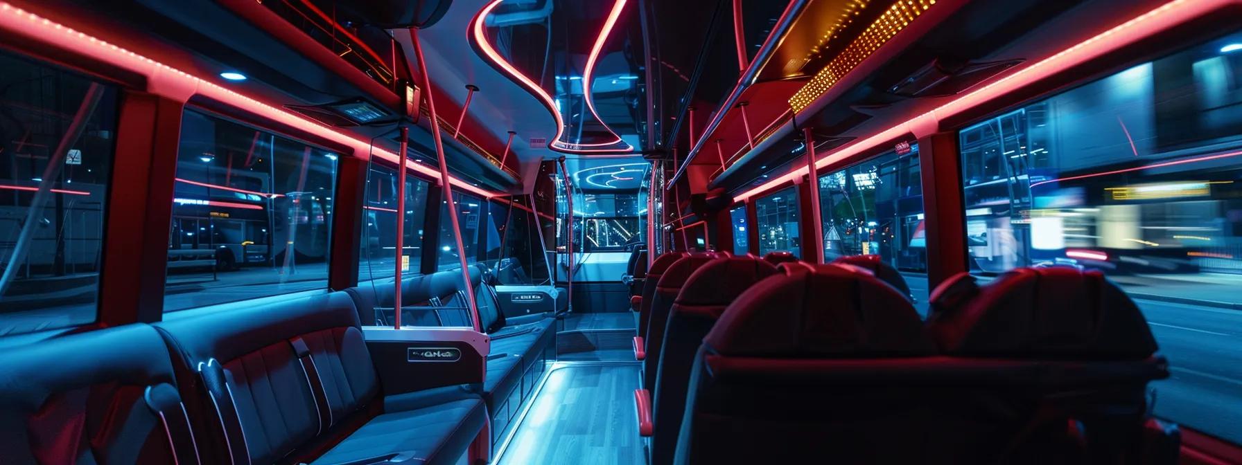 a modern luxury bus interior showcases plush seating and state-of-the-art technology, illuminated by soft ambient lighting to evoke an atmosphere of elegance and comfort, emphasizing a refined travel experience. a modern luxury bus interior showcases plush seating and state-of-the-art technology, illuminated by soft ambient lighting to evoke an atmosphere of elegance and comfort, emphasizing a refined travel experience.