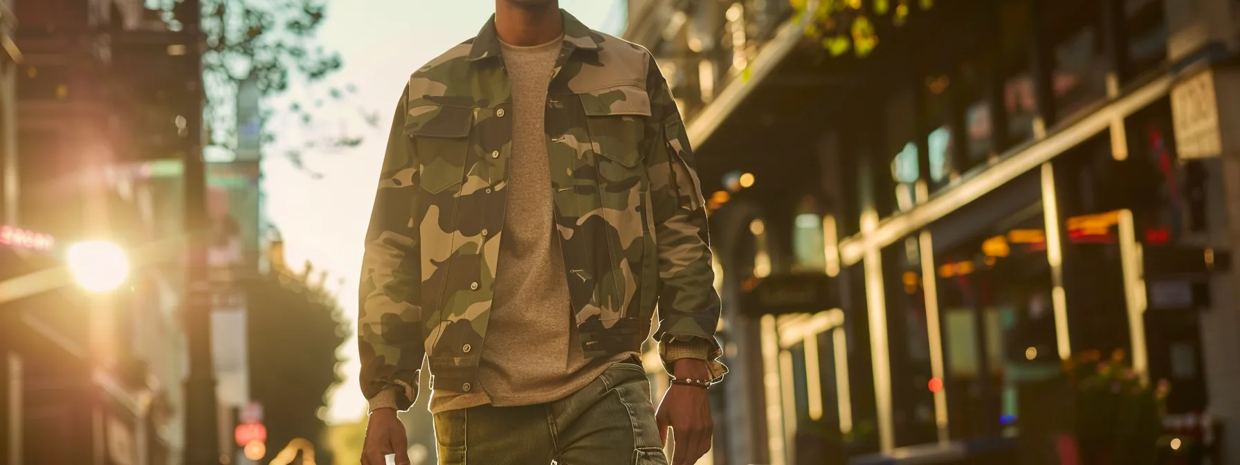 a modern man confidently struts down the street in camo stacked jeans, effortlessly blending rugged camouflage with a sleek, contemporary silhouette. a modern man confidently struts down the street in camo stacked jeans, effortlessly blending rugged camouflage with a sleek, contemporary silhouette.
