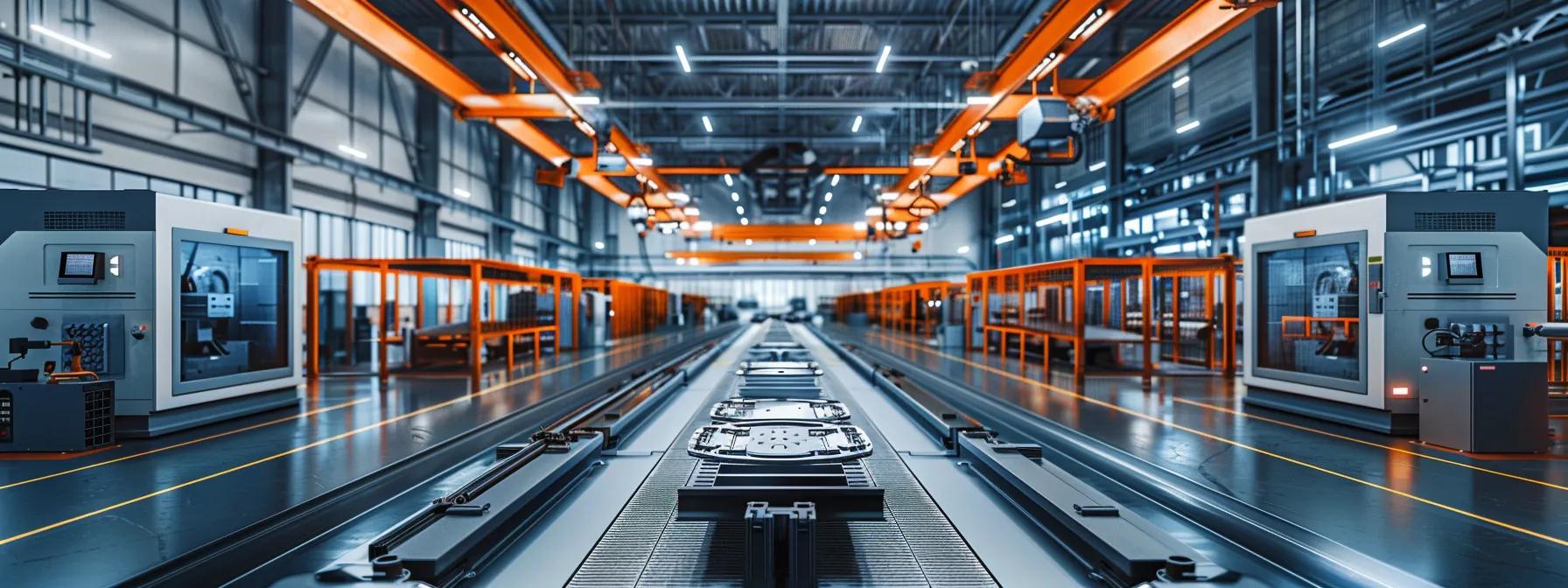 a modern manufacturing facility, bustling with advanced cnc machines and robotic automation, showcases precision metal parts being inspected under bright led lights, highlighting industry-specific drivers like quality assurance and cost efficiency displayed on sleek digital monitors.