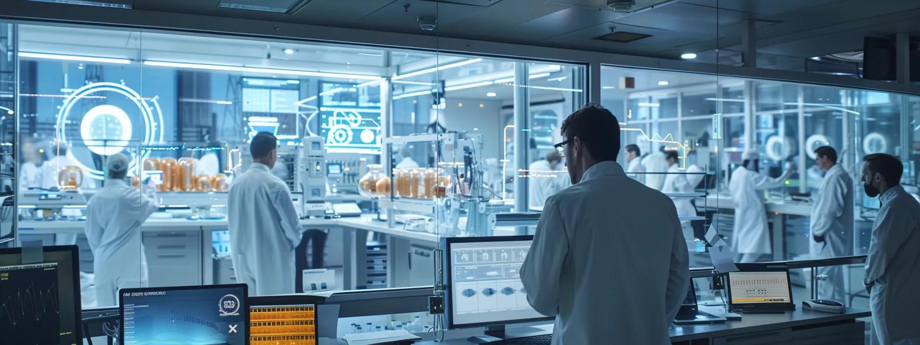 a modern manufacturing facility showcasing a team of professionals engaged in iso 9001 certification procedures, with clear visual representations of standardized protocols and quality control processes prominently displayed on sleek digital screens.