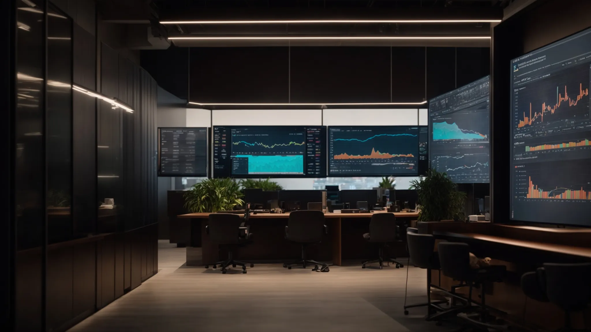 a modern marketing agency workspace filled with high-tech screens displaying real-time data analytics and customer sentiment graphs, illuminated by sleek overhead lights, emphasizes the dynamic and innovative nature of engaging with consumer behavior.