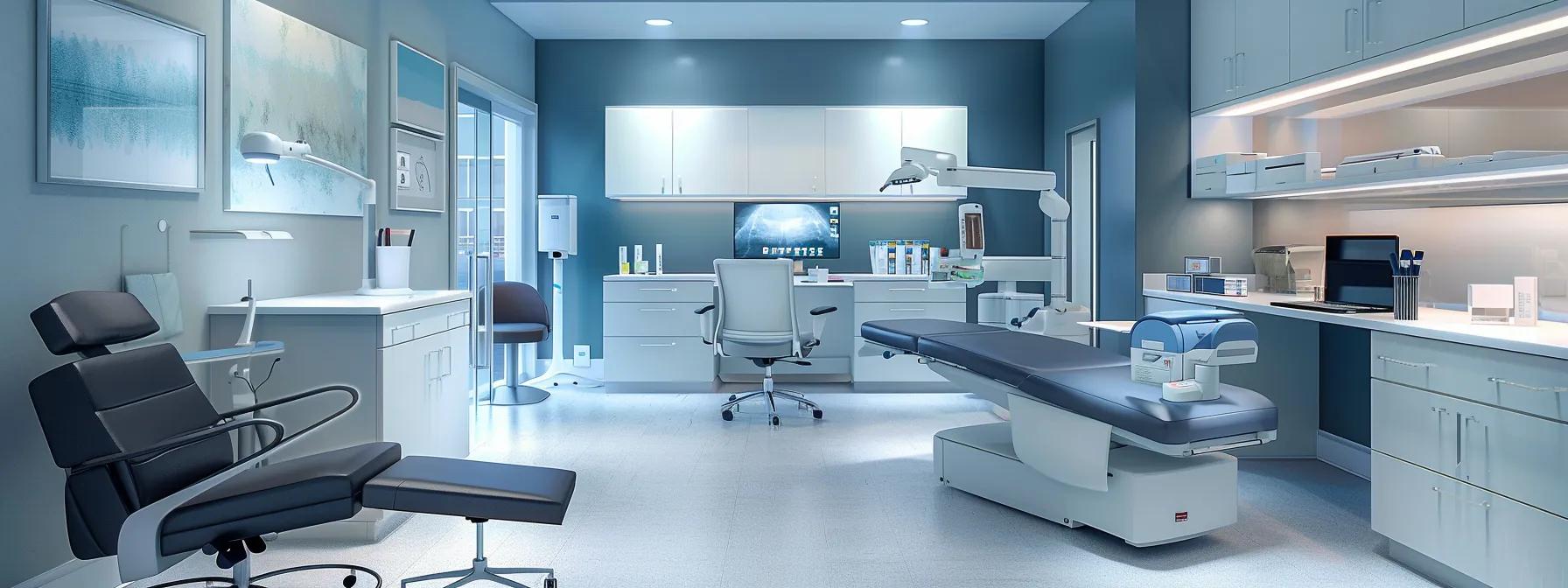 a modern medical office setting showcases a sleek, high-tech allergy testing station equipped with advanced diagnostic tools, including skin prick test kits and blood analysis instruments, all bathed in bright, clinical lighting that emphasizes precision and innovation.