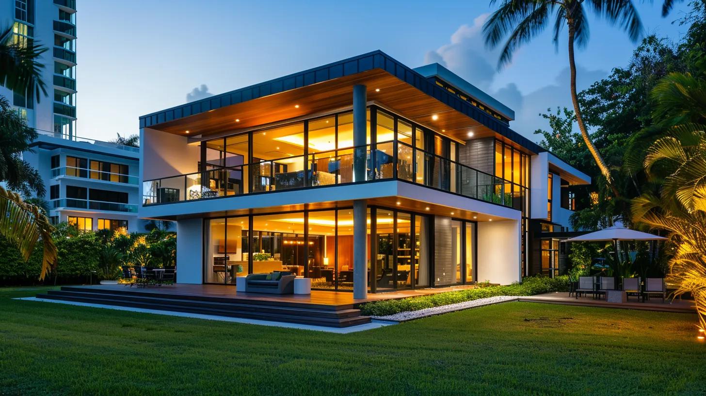 a modern miami home showcases sleek impact windows, reflecting the vibrant urban skyline while illuminating the interior with a cool, energy-efficient glow, emphasizing the seamless blend of style and energy conservation.