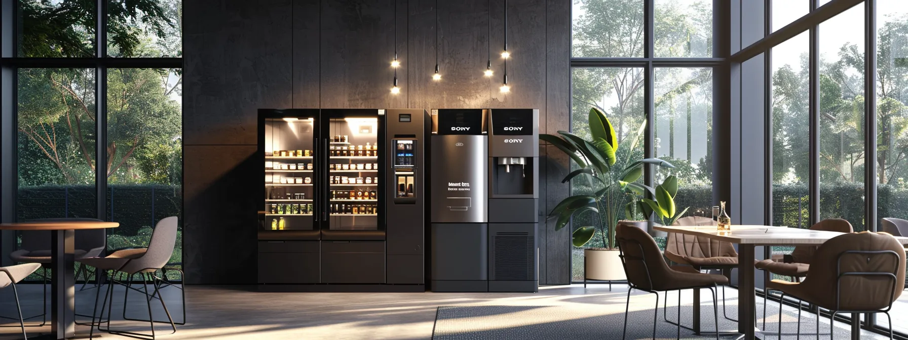 a modern office break room with sleek necco coffee machines seamlessly integrated into the space, enhancing the work environment and promoting collaboration among employees.