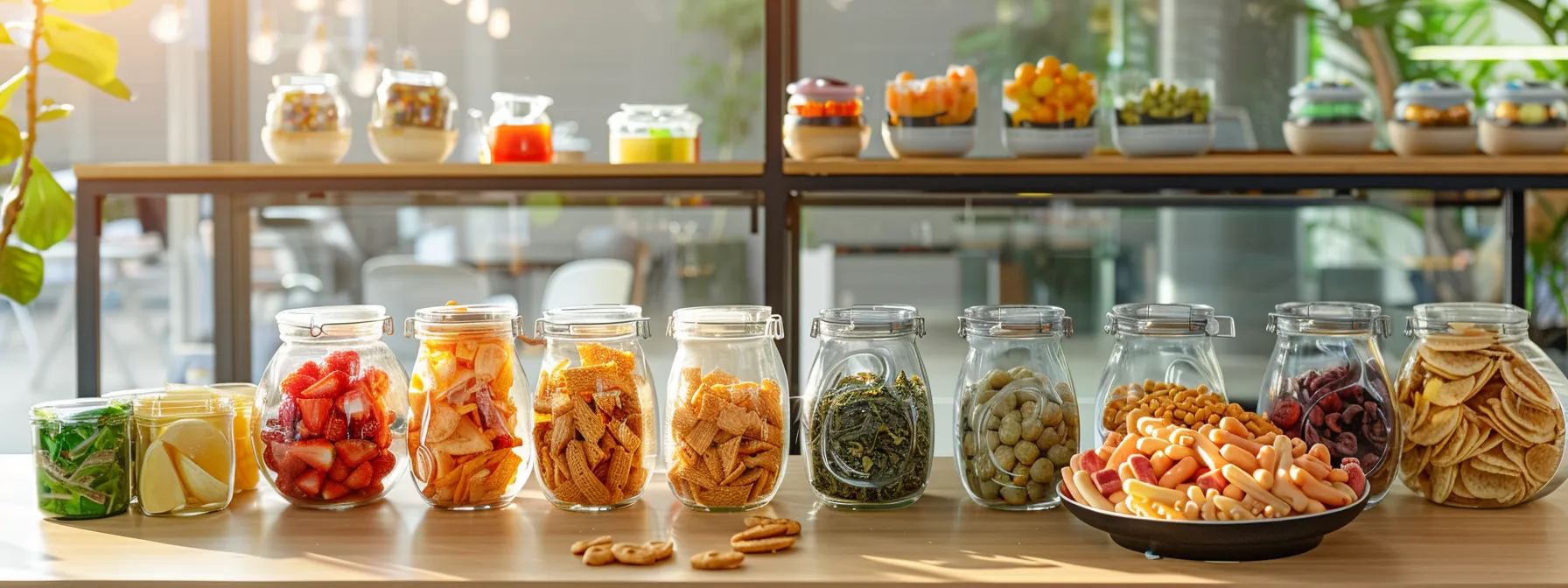 a modern office breakroom filled with colorful, healthy snacks and a variety of artisanal teas, creating a welcoming and productive environment for employees.