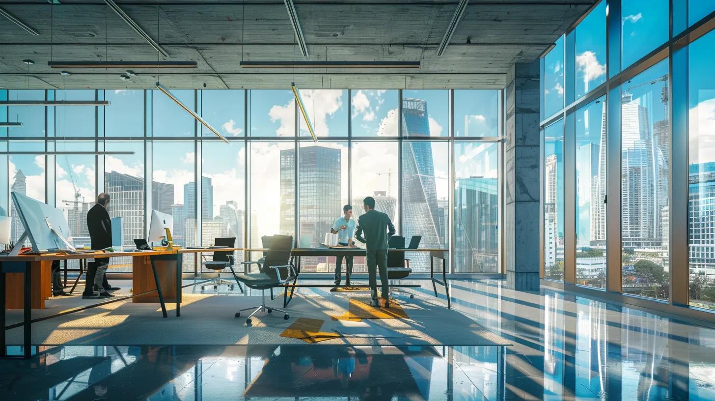 a modern office conference room filled with professionals reviewing architectural blueprints, showcasing a vibrant discussion about a local construction project, with cityscape views visible through expansive windows in the background. a modern office conference room filled with professionals reviewing architectural blueprints, showcasing a vibrant discussion about a local construction project, with cityscape views visible through expansive windows in the background.