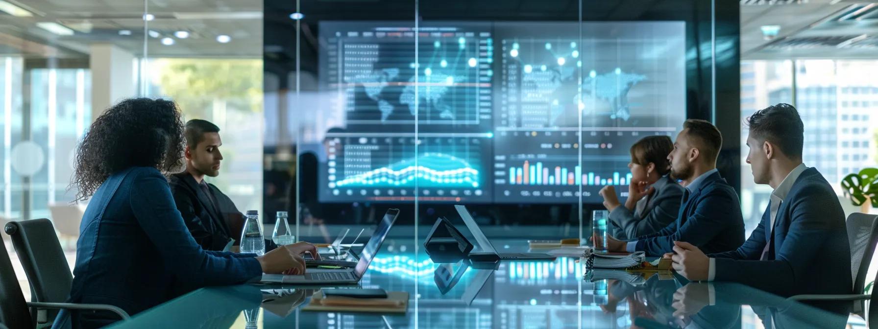a modern office conference room features a sleek glass table surrounded by professional individuals deep in discussion, with charts and data projections on a digital screen, symbolizing the complex factors influencing condo loan pricing.