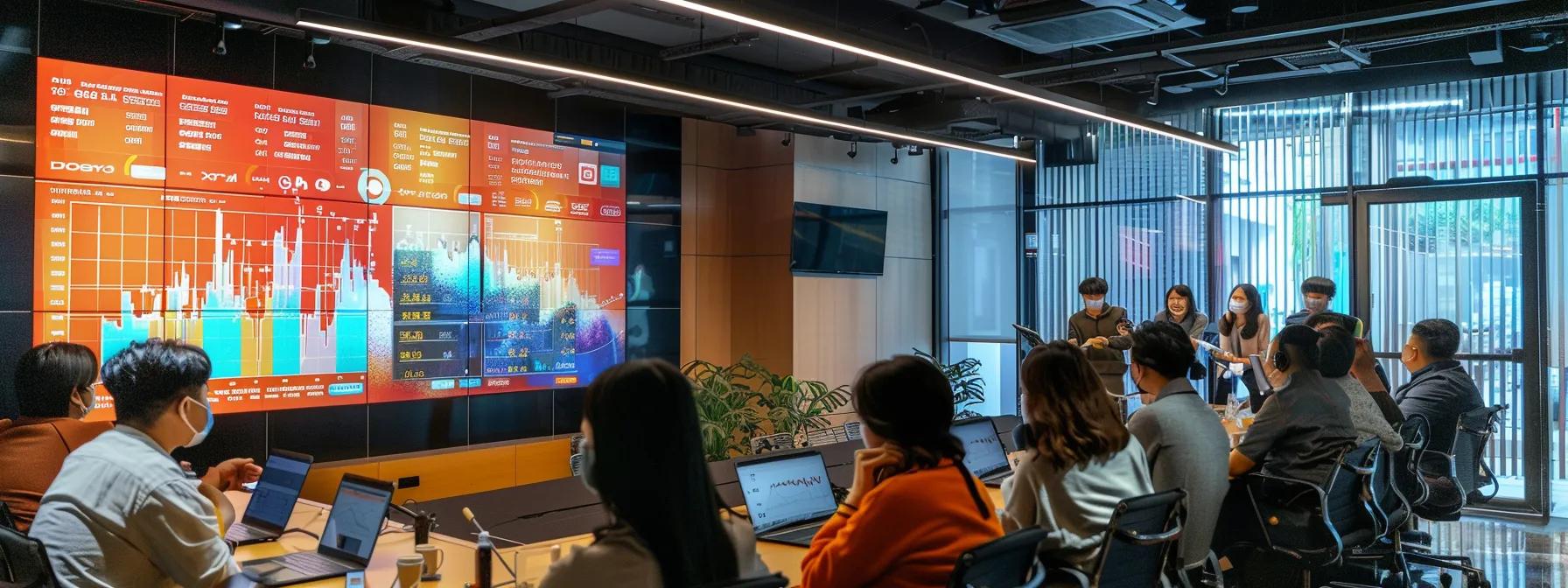 a modern office conference room filled with professionals engaged in an animated discussion over a large screen displaying a detailed comparison chart of tv pr campaign costs and expected results, highlighting key metrics and outcomes.
