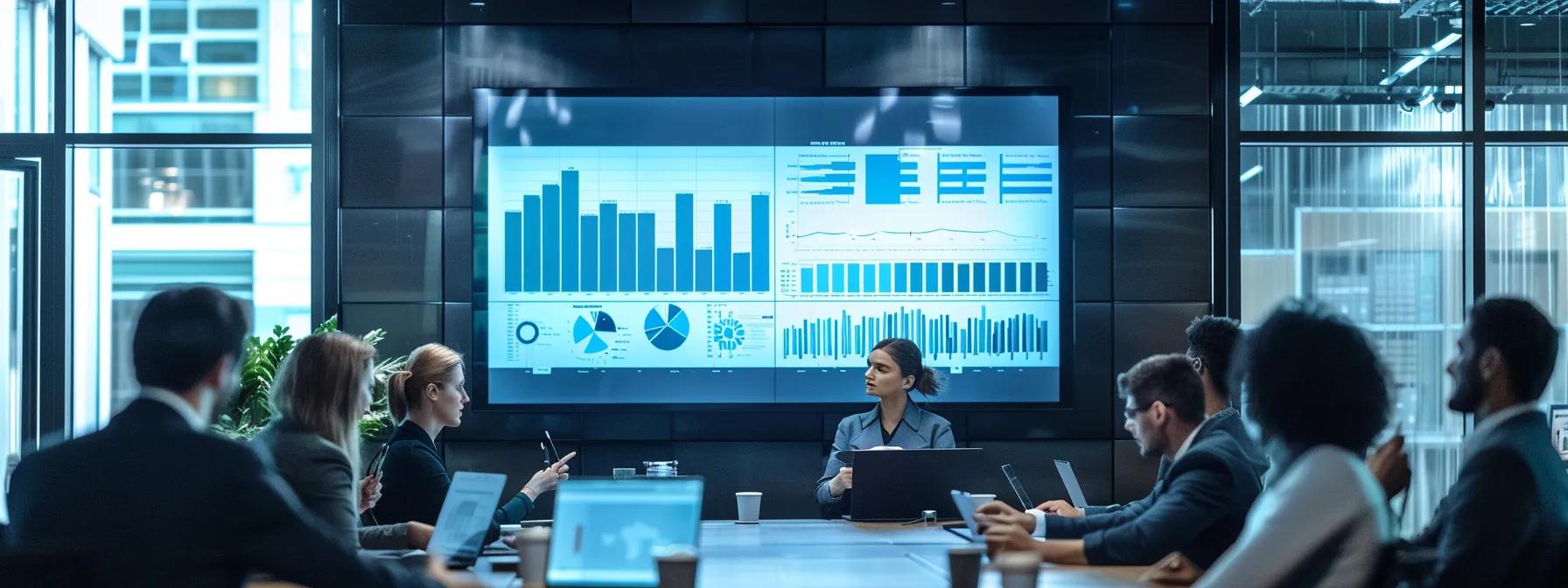 a modern office conference room, showcasing a sleek presentation screen displaying detailed graphs and charts about eligibility requirements for condo loans, with focused professionals engaged in a discussion, emphasizing financial stability and risk management.