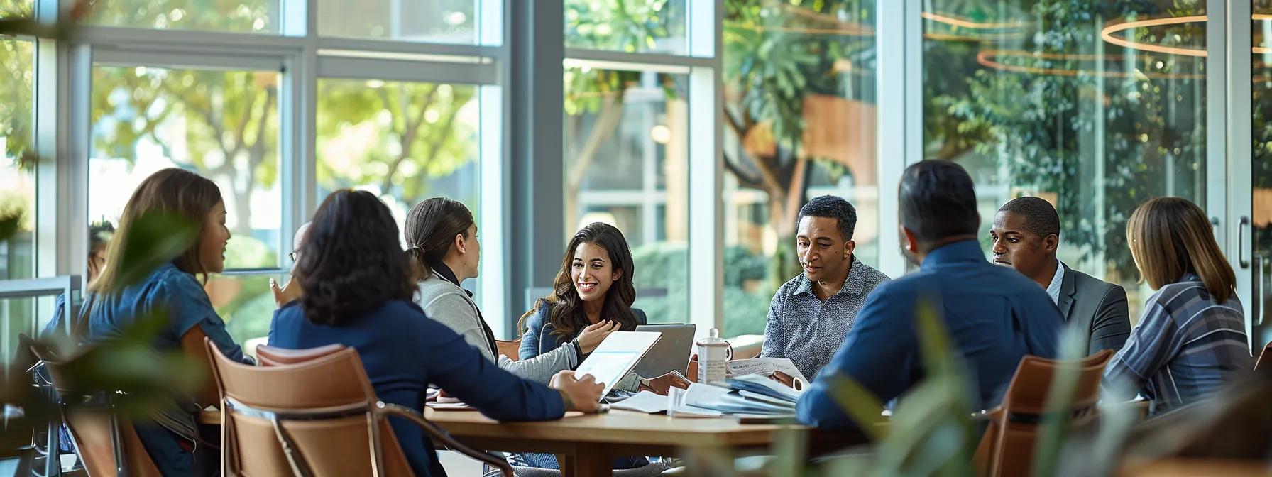 a modern office environment features a diverse group of adults engaged in a discussion around a table cluttered with medicare brochures and digital devices, highlighting the complexities and support surrounding medicare enrollment and plan options.