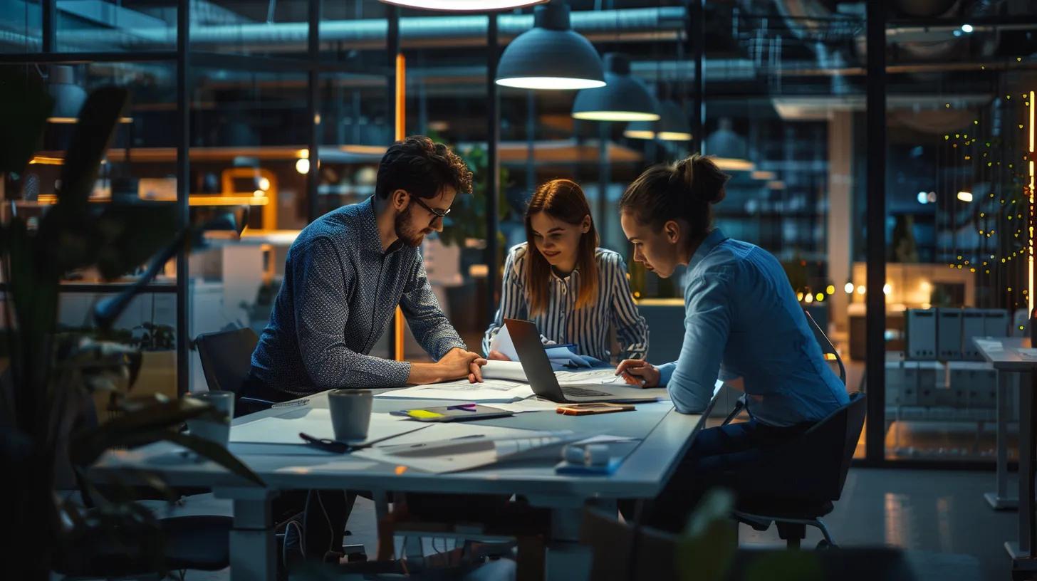 a modern office environment showcases a dynamic collaboration scene where architects and homeowners discuss blueprints and digital designs of a new home, illuminated by bright overhead lighting that highlights their focused expressions. a modern office environment showcases a dynamic collaboration scene where architects and homeowners discuss blueprints and digital designs of a new home, illuminated by bright overhead lighting that highlights their focused expressions.