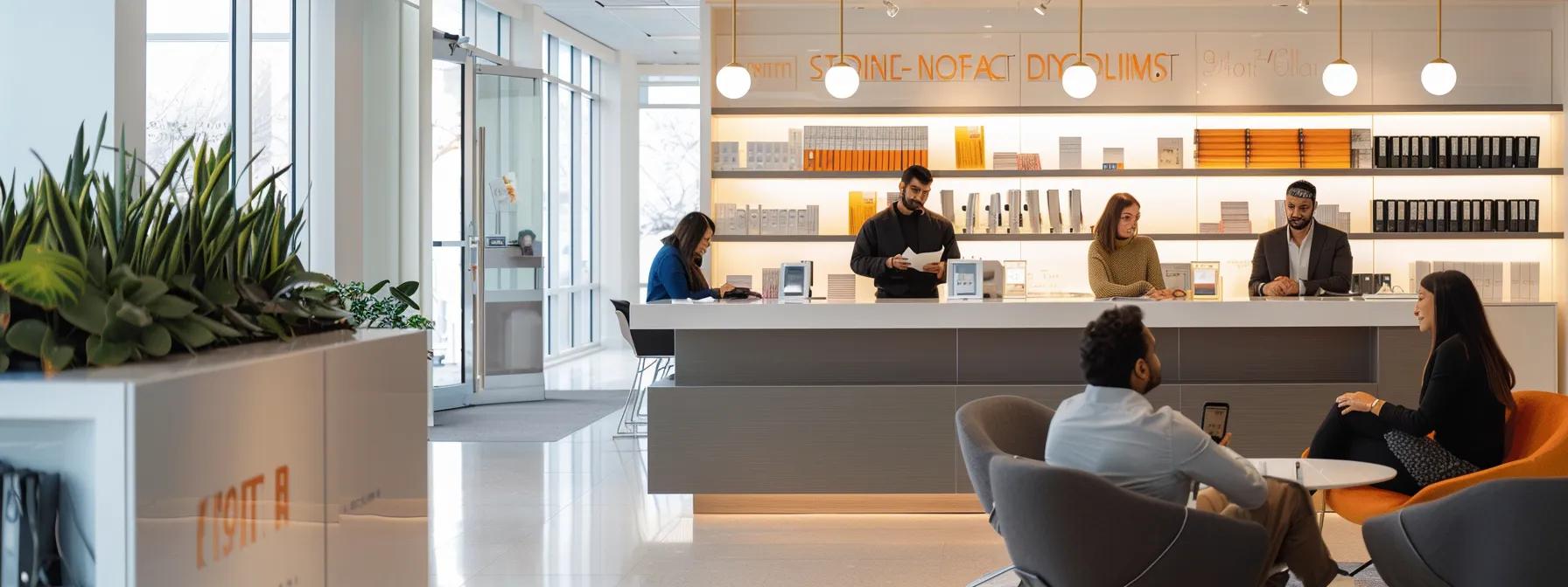 a modern office environment showcases a diverse group of professionals engaged in a focused discussion, with a prominent notary public service desk equipped with legal documents and electronic notarization tools, highlighting the variety of notary services available to clients in brampton. a modern office environment showcases a diverse group of professionals engaged in a focused discussion, with a prominent notary public service desk equipped with legal documents and electronic notarization tools, highlighting the variety of notary services available to clients in brampton.