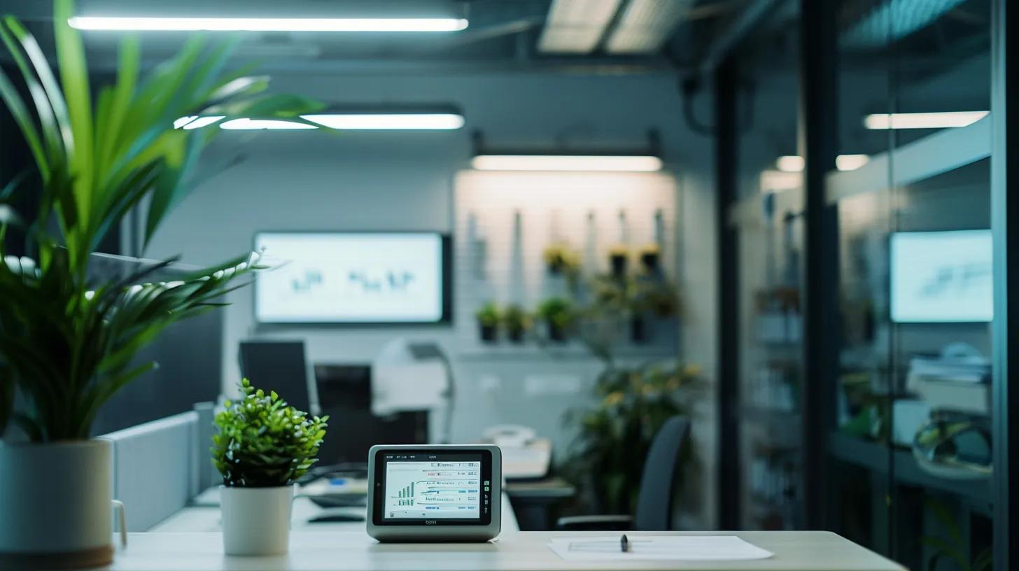 a modern office environment showcases an organized workspace with a sleek desk, a digital thermostat displaying energy-saving settings, and a wall-mounted chart illustrating effective daily habits to reduce ac costs, illuminated by bright, focused overhead lighting. a modern office environment showcases an organized workspace with a sleek desk, a digital thermostat displaying energy-saving settings, and a wall-mounted chart illustrating effective daily habits to reduce ac costs, illuminated by bright, focused overhead lighting.