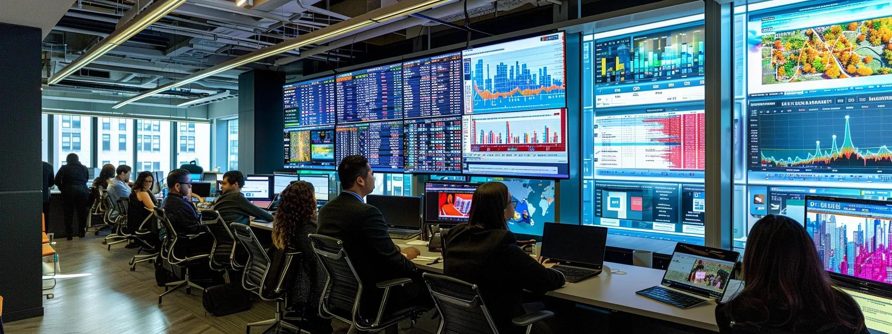 a modern office in nyc buzzes with energy, featuring a team of diverse professionals strategizing around a large screen displaying vibrant media analytics and campaign visuals, highlighting the intersection of creativity and data-driven decision-making in a competitive advertising landscape.