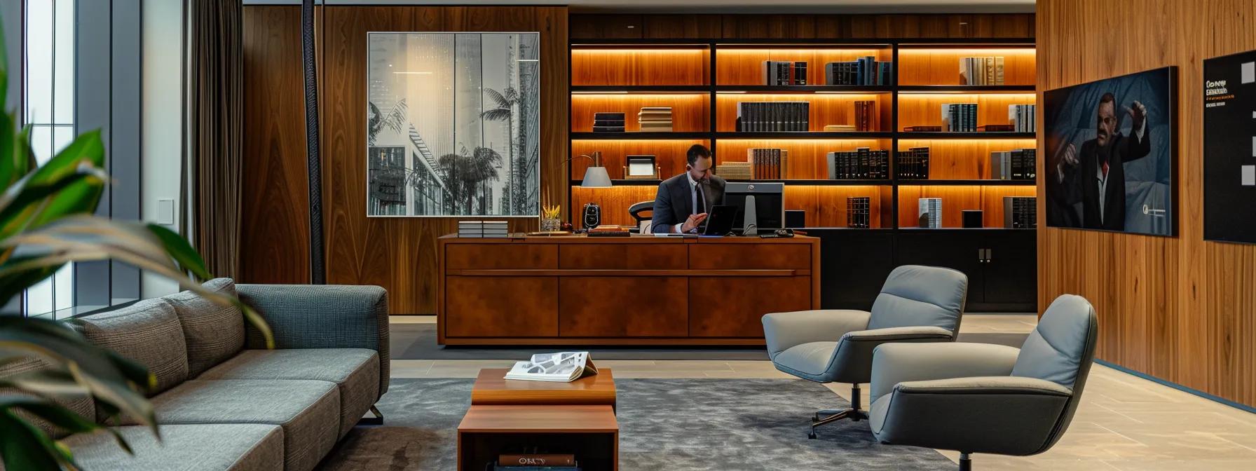 a modern office interior featuring a professional divorce lawyer engaging in a focused video consultation, surrounded by sleek furniture and legal books, emphasizing a commitment to clear and proactive communication. a modern office interior featuring a professional divorce lawyer engaging in a focused video consultation, surrounded by sleek furniture and legal books, emphasizing a commitment to clear and proactive communication.