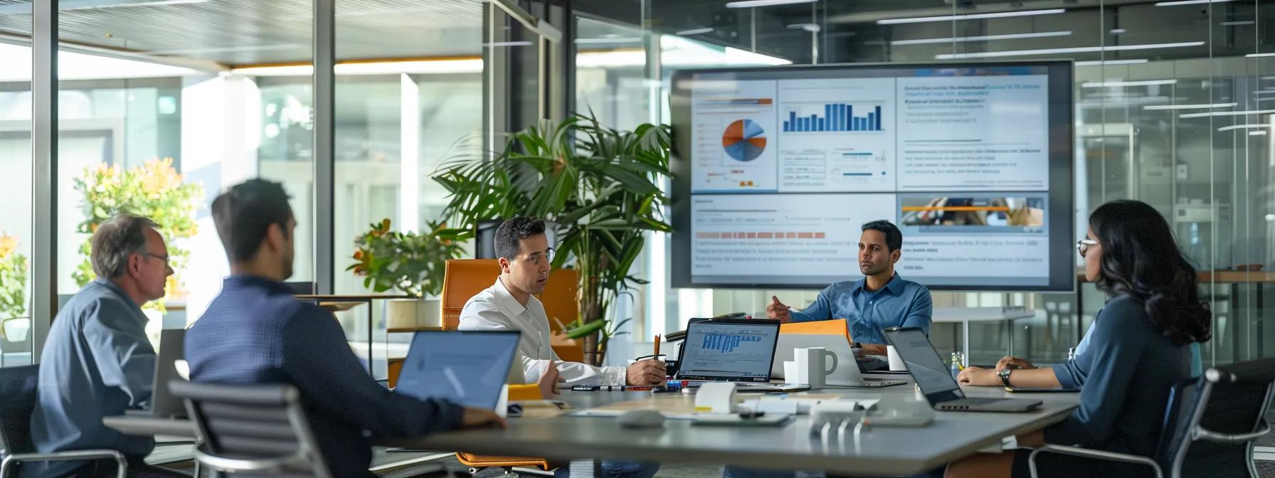 a modern office interior showcases a confident roofing contractor discussing tailored solutions with homeowners, emphasizing the importance of local climate awareness and building codes on a large presentation screen. a modern office interior showcases a confident roofing contractor discussing tailored solutions with homeowners, emphasizing the importance of local climate awareness and building codes on a large presentation screen.