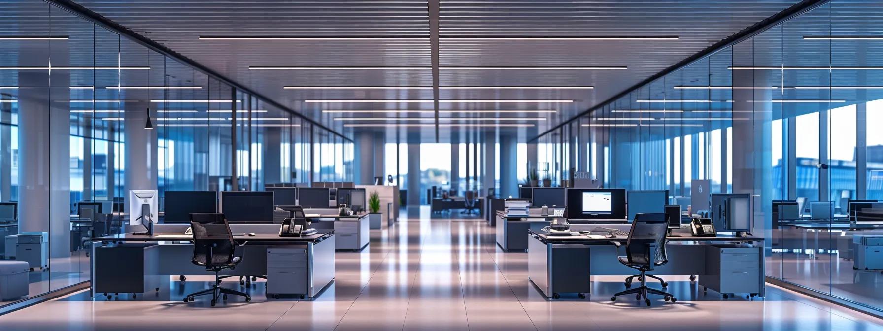 a modern office interior with sleek, high-tech voip phone systems prominently displayed on minimalist desks, illuminated by bright, overhead led lights that create a dynamic, professional atmosphere.