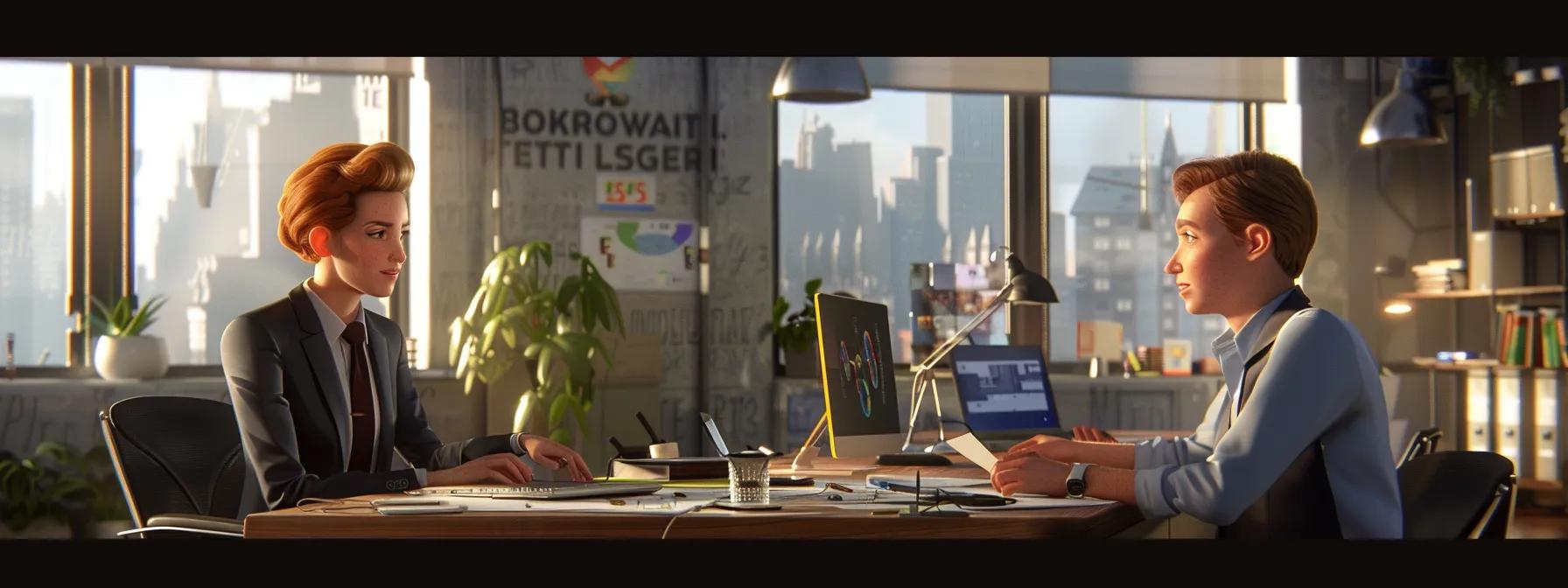 a modern office setting features a confident borrower discussing mortgage eligibility with a knowledgeable lender, surrounded by financial documents and infographics detailing credit scores and income requirements, conveying professionalism and clarity in the loan approval process.