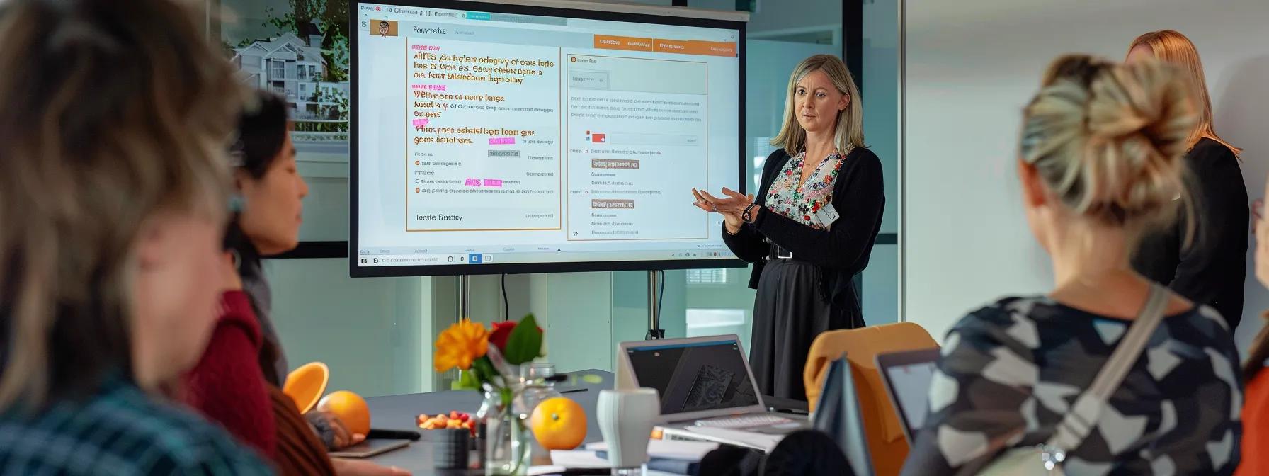 a modern office setting features a parent coach leading an engaging workshop, surrounded by diverse parents actively participating in discussions and using digital devices to track their progress, highlighting the proactive and collaborative nature of parent coaching.