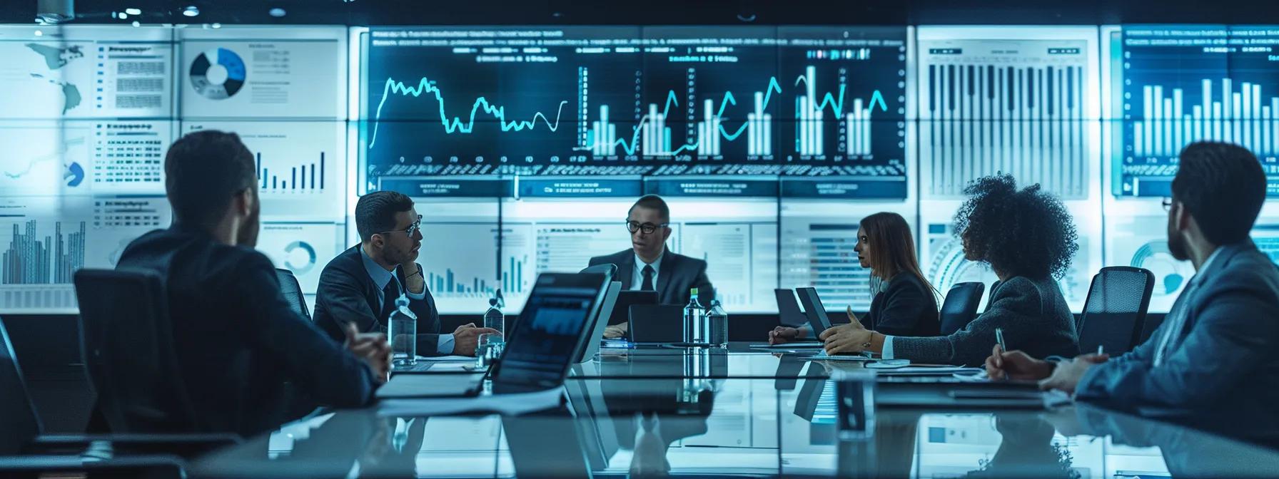 a modern office setting features a polished conference table surrounded by diverse professionals engaged in animated discussion, with digital graphs and pricing models displayed on sleek screens, encapsulating the dynamic interplay of web development budgets.