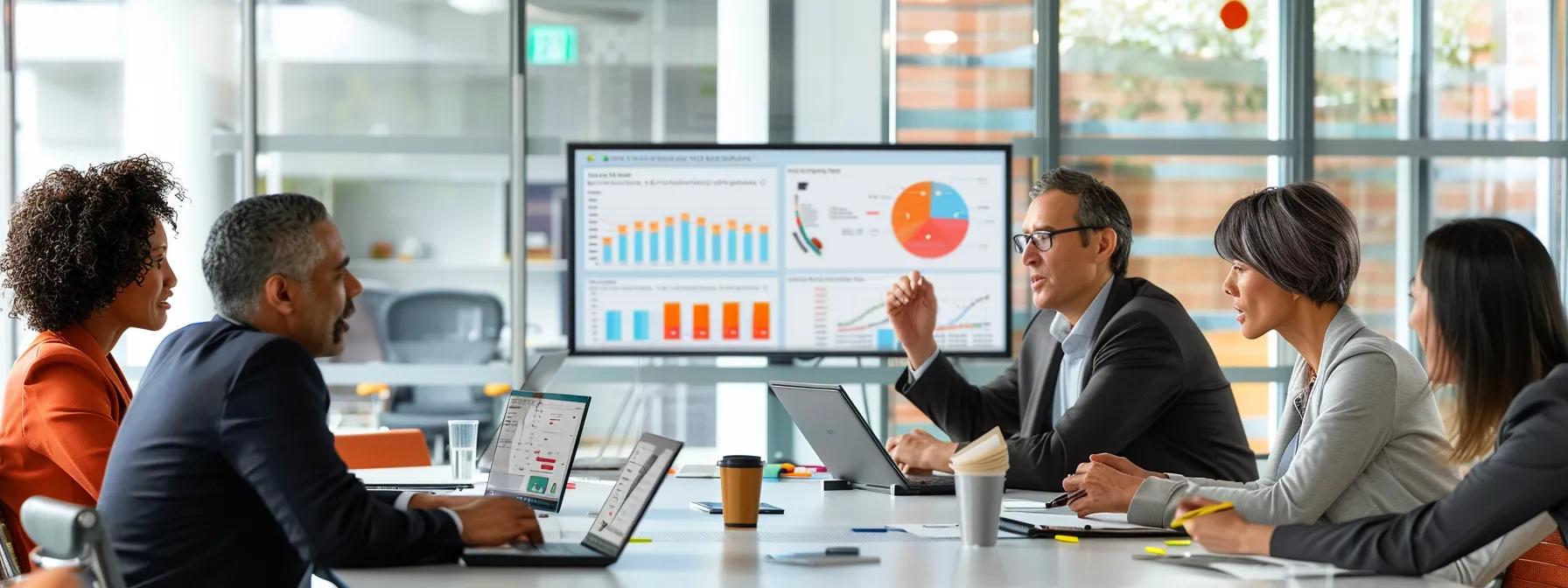 a modern office setting features a diverse group of senior individuals engaged in a focused discussion around a sleek conference table, with colorful charts and digital devices illustrating the benefits of medicare part d's prescription drug coverage.
