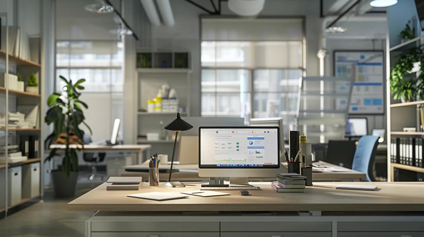 a modern office setting featuring a sleek, organized workspace with a prominent display of water damage prevention tools, including moisture sensors and waterproof materials, illuminated by bright, focused lighting to emphasize preparedness against costly repairs.