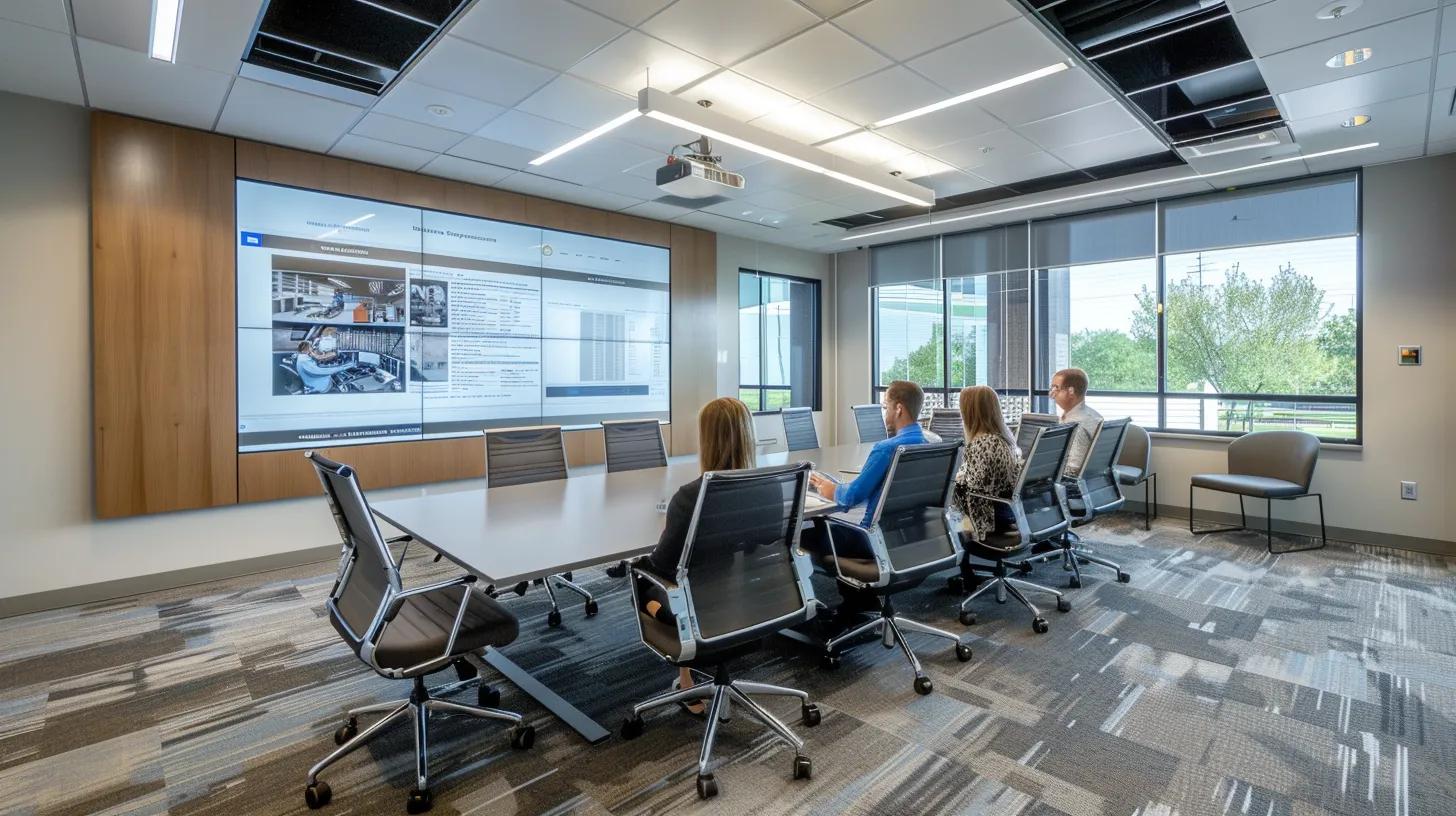 Modern conference room with a large screen displaying project details, featuring four professionals engaged in discussion, designed for collaborative meetings in an eco-friendly office setting.