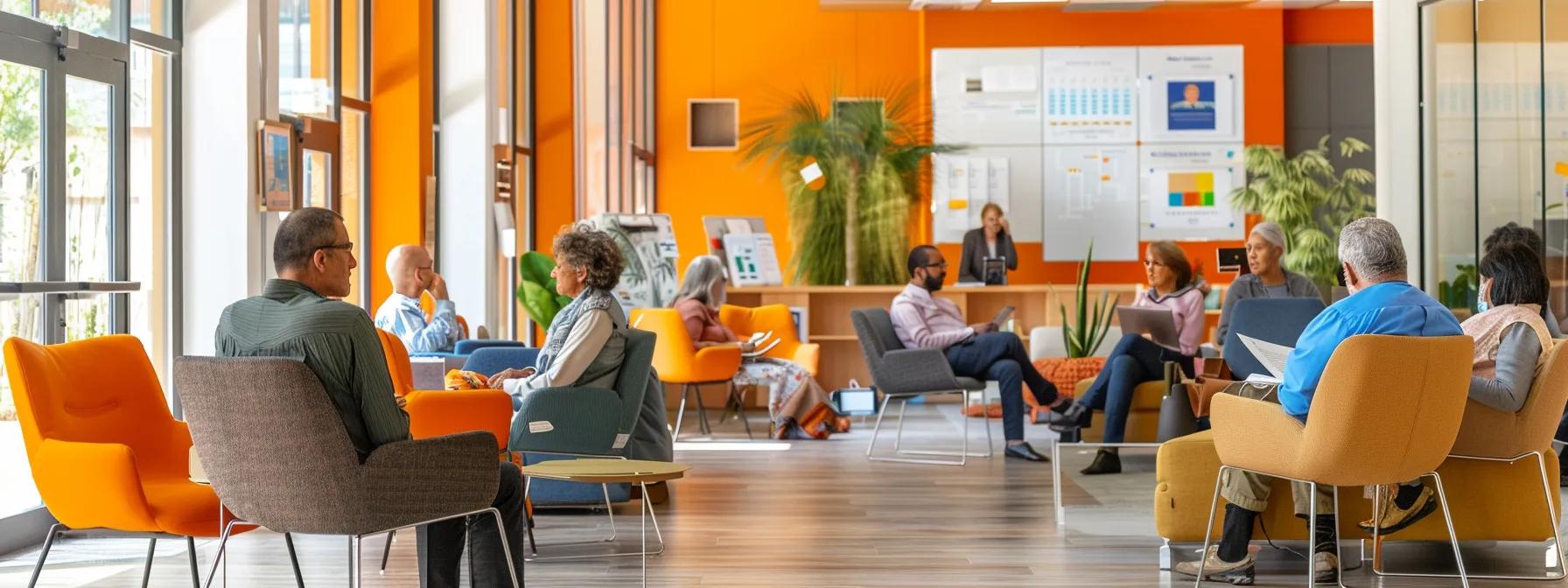 a modern office setting featuring a diverse group of elderly individuals engaging with digital devices, surrounded by informative brochures and posters about medicare resources, showcasing a vibrant atmosphere of support and community.