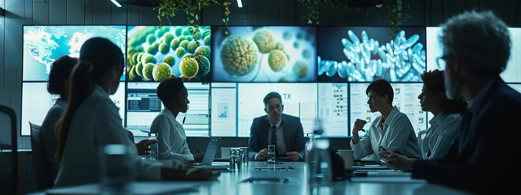 a modern office setting featuring a group of senior care professionals engaged in a collaborative meeting, surrounded by digital displays showcasing informative content and resources tailored to seniors and their caregivers.