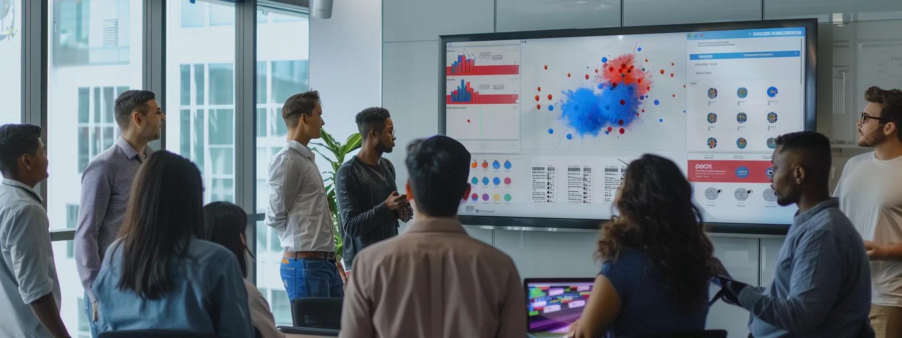 a modern office setting showcases a diverse group of professionals engaged in a dynamic planning session for customized team-building packages, with vibrant presentations displayed on screens emphasizing collaboration and creativity. a modern office setting showcases a diverse group of professionals engaged in a dynamic planning session for customized team-building packages, with vibrant presentations displayed on screens emphasizing collaboration and creativity.