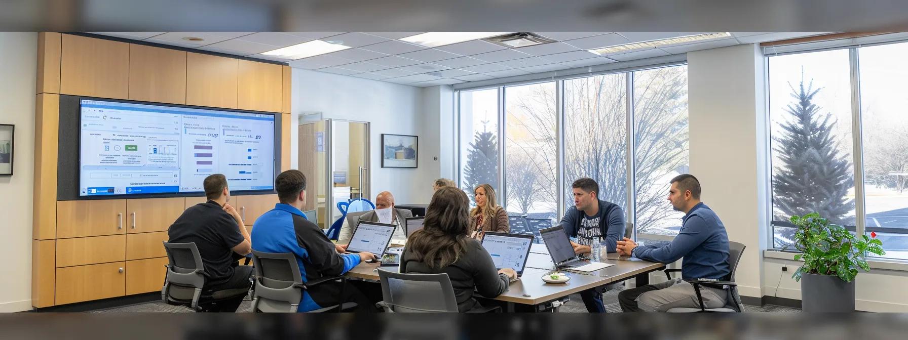 a modern office setting showcases a diverse team engaged in a strategic discussion around a digital presentation about rhode island's pest control regulations, highlighting their importance for public health and property maintenance.