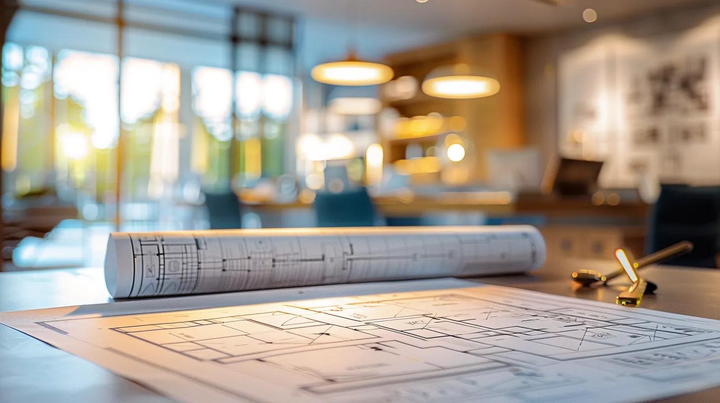 a modern office space displays a large blueprint of a custom house plan prominently on a sleek conference table, with architectural tools and a building permit subtly highlighted in the background, under warm, focused lighting to convey professionalism and attention to detail. a modern office space displays a large blueprint of a custom house plan prominently on a sleek conference table, with architectural tools and a building permit subtly highlighted in the background, under warm, focused lighting to convey professionalism and attention to detail.