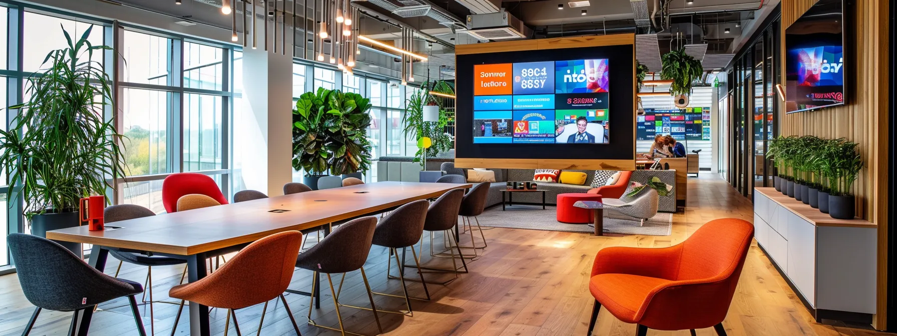 a modern office space featuring a large digital screen displaying vibrant streaming television ad campaign analytics, with focused professionals engaged in spirited discussions around a sleek conference table, emphasizing strategic planning and the dynamic nature of digital advertising.