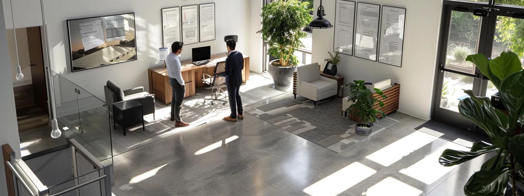 a modern office space features a well-dressed homeowner engaged in a focused discussion with a professional roof inspector, surrounded by detailed roof evaluation charts and high-tech equipment, embodying the commitment to making an informed choice. a modern office space features a well-dressed homeowner engaged in a focused discussion with a professional roof inspector, surrounded by detailed roof evaluation charts and high-tech equipment, embodying the commitment to making an informed choice.
