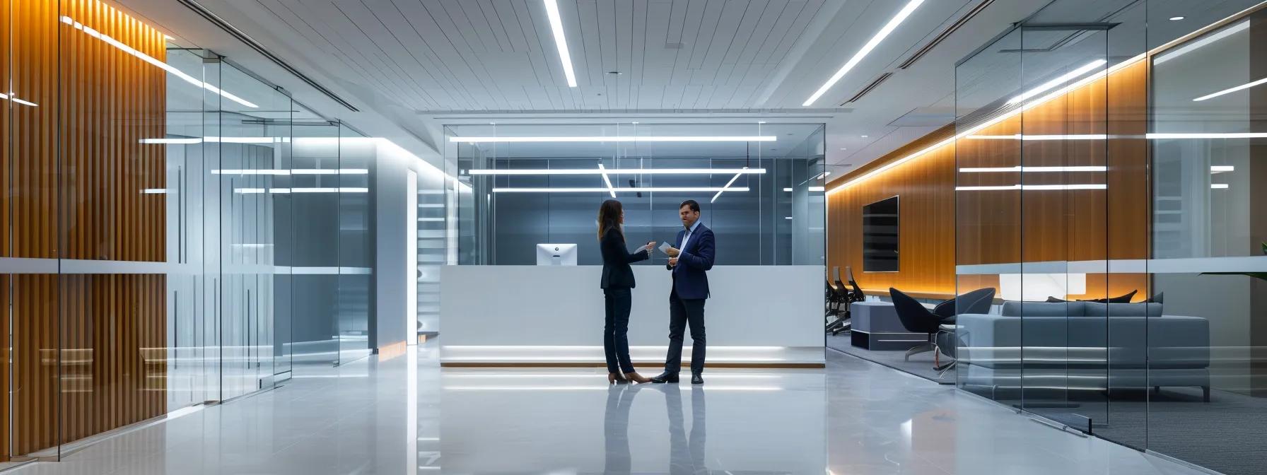 a modern office space features a focused buyer engaged in a discussion with a professional about condo fees, illuminated by sleek overhead lighting that highlights an open document detailing financial inquiries and fees.