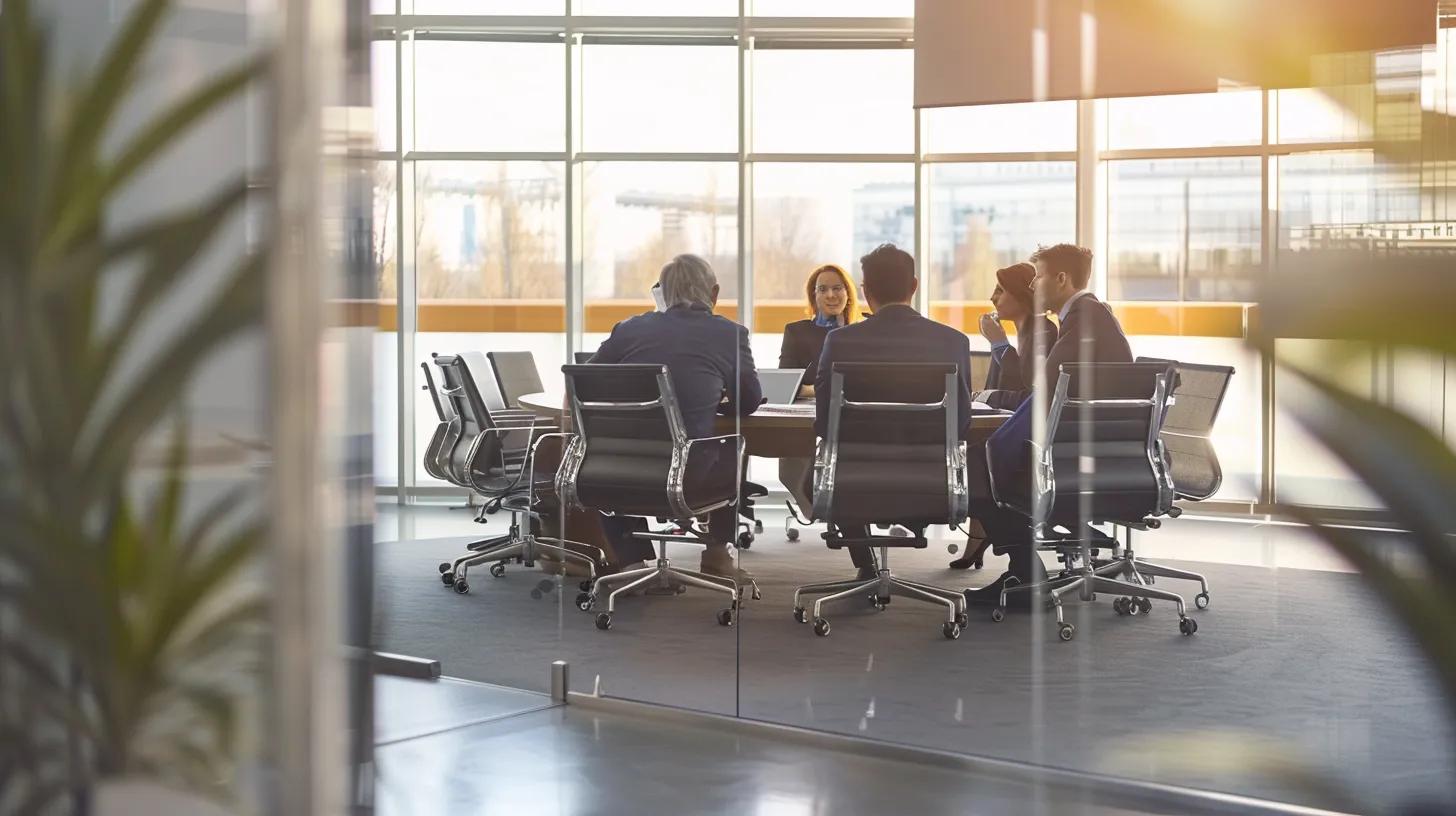 a modern office space features a sleek conference table surrounded by professional individuals engaging in a dynamic discussion about key components of a 4-point inspection, with detailed reports and digital tablets illustrating insurance impacts prominently displayed. a modern office space features a sleek conference table surrounded by professional individuals engaging in a dynamic discussion about key components of a 4-point inspection, with detailed reports and digital tablets illustrating insurance impacts prominently displayed.