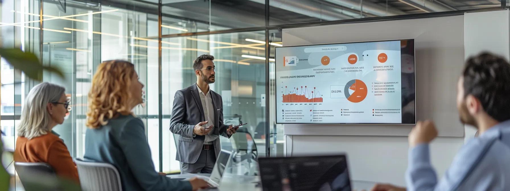 A modern office space features a vibrant digital display illustrating customized employee learning pathways, with professionals actively discussing career development strategies.