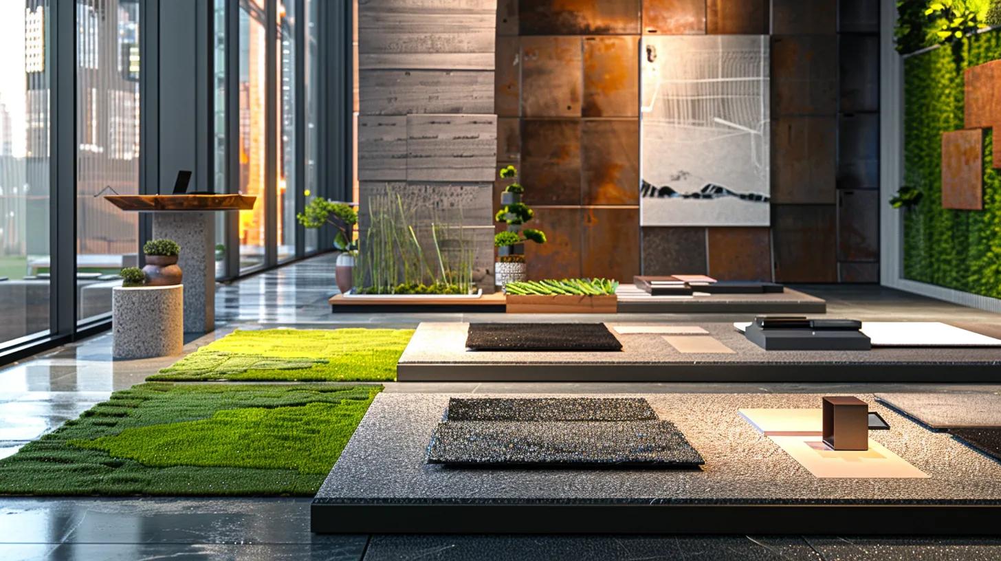 a modern office space features a sleek display of eco-conscious artificial turf samples, arranged meticulously on a contemporary table, with a backdrop of sleek urban architecture reflecting sustainability and innovation. a modern office space features a sleek display of eco-conscious artificial turf samples, arranged meticulously on a contemporary table, with a backdrop of sleek urban architecture reflecting sustainability and innovation.