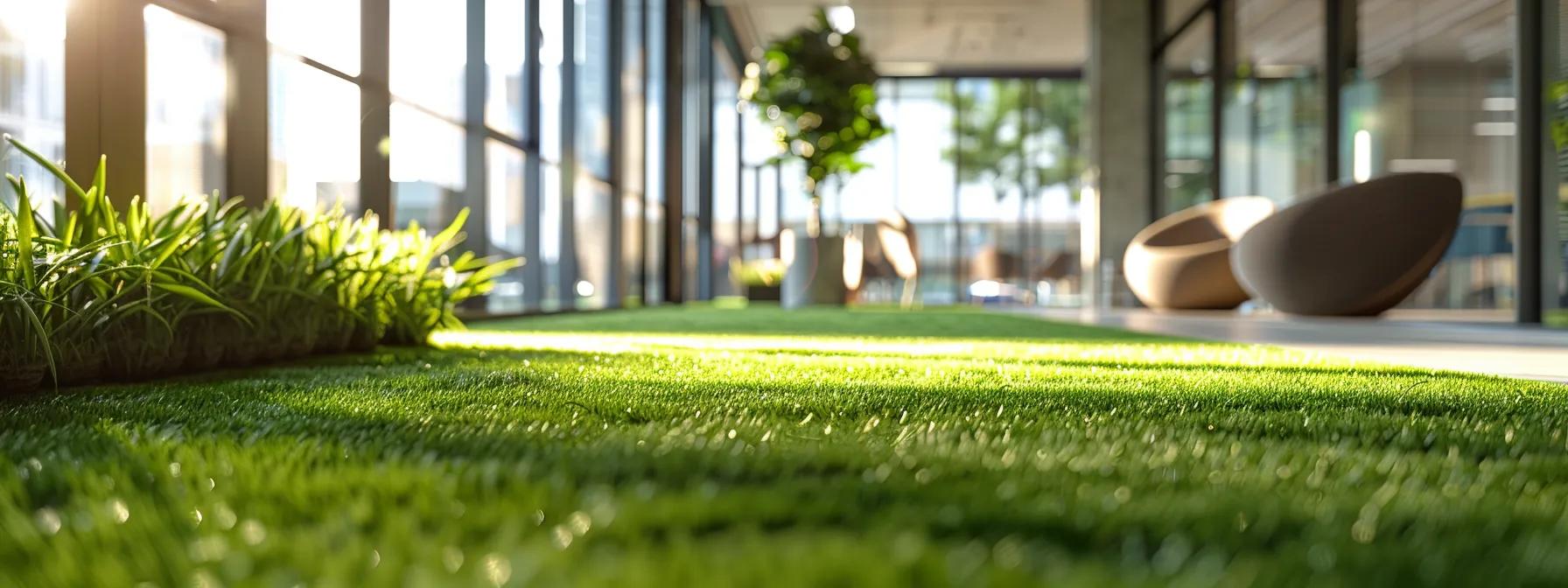 a modern office space features a sleek, minimalist design with a vibrant green artificial lawn, showcasing eco-friendly lawn care practices that highlight sustainability and corporate responsibility in a stylish urban environment.