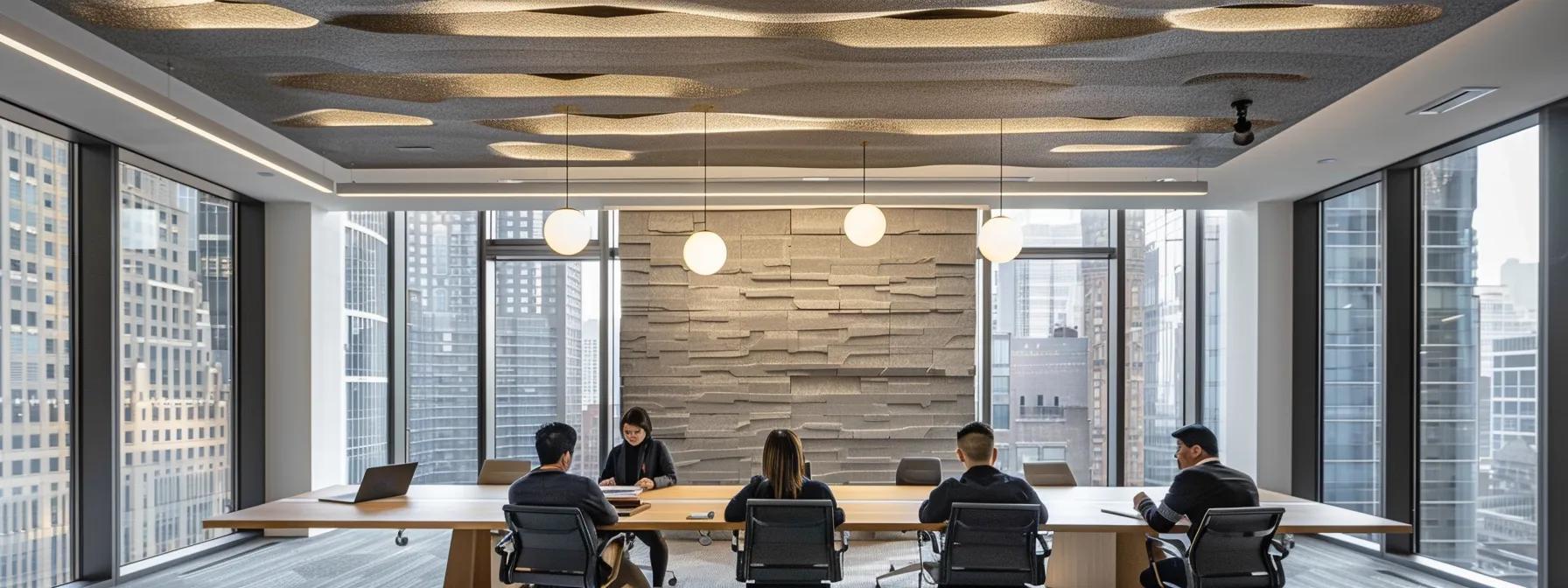 a modern office space features a sleek conference table adorned with samples of authentic river rock stone, surrounded by professionals engaged in a dynamic discussion about supplier vetting processes and ethical sourcing, illuminated by crisp overhead lighting and framed by large windows displaying a bustling urban skyline.