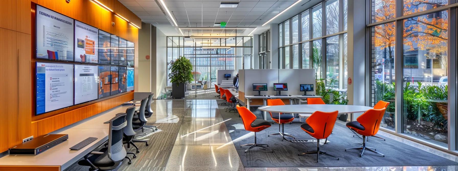 a modern office space features a large interactive display showcasing integrated pest management (ipm) strategies, with sleek furniture and innovative pest control technology prominently featured, emphasizing a sustainable and environmentally conscious approach to pest management.