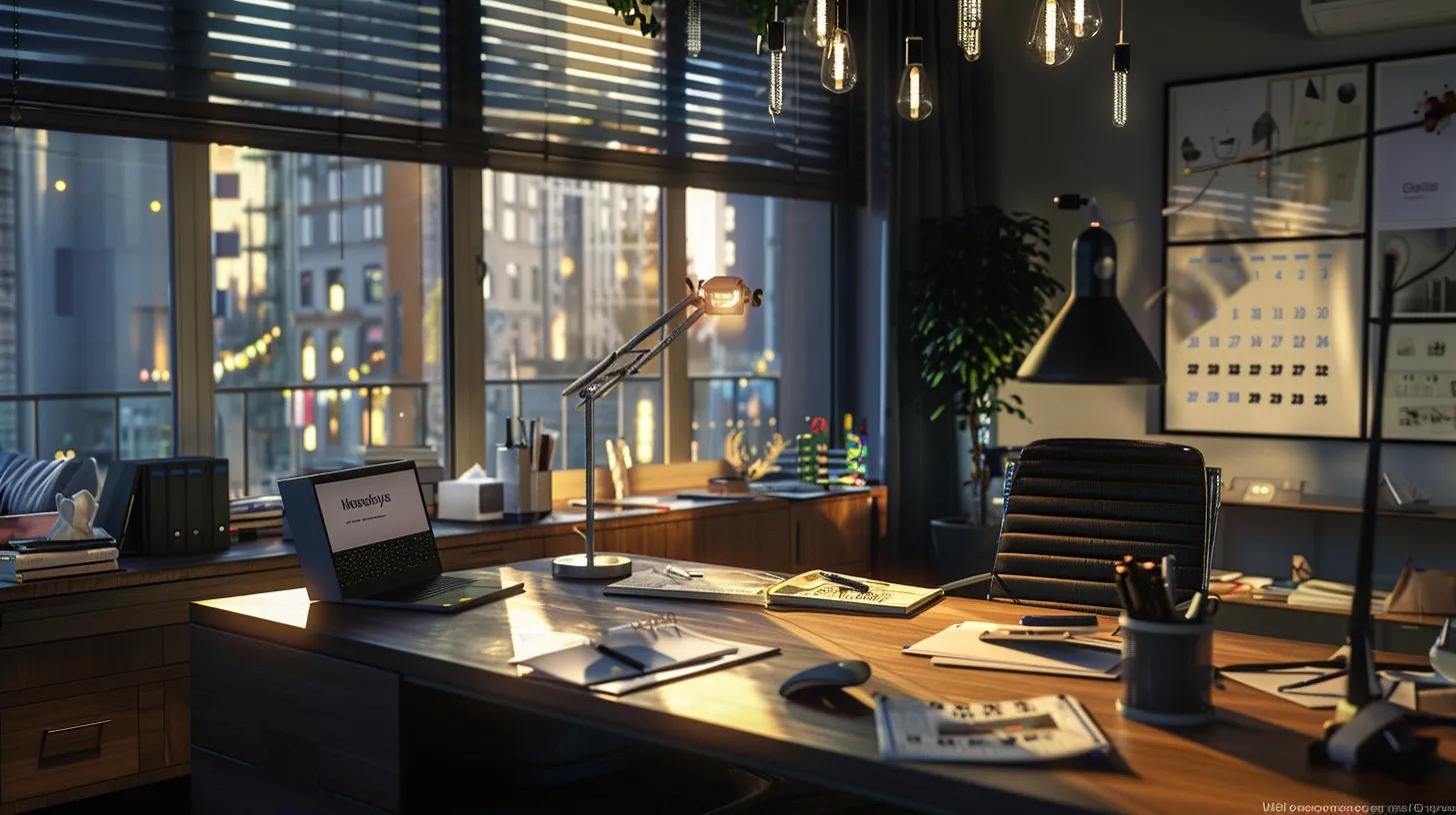 a modern office space featuring a sleek desk with a laptop open to a scheduling app, surrounded by notepads and a digital calendar, showcasing an organized preparation for cleaning services ahead of a festive weekend.