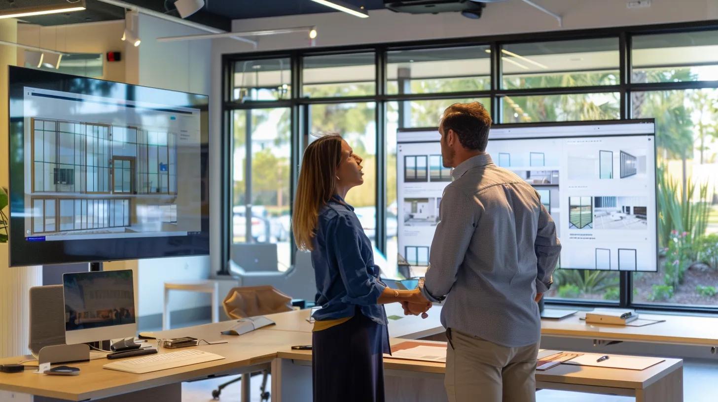 a modern office space featuring a confident homeowner discussing impact window options with a knowledgeable consultant, surrounded by samples and digital presentations, illuminated by bright, focused lighting highlighting their strategic planning session.
