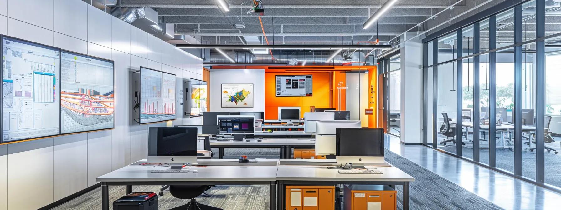 a modern office space filled with sleek computers, colorful 3d models displayed on screens, and a digital whiteboard illustrating architectural design concepts, all under bright, focused lighting.