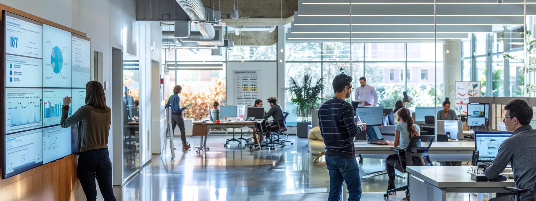 a modern office space filled with sleek, stylish workstations, digital whiteboards displaying web development trends, and diverse professionals collaborating over a large screen showcasing analytics, conveying the dynamic impact of emerging trends on web development costs.