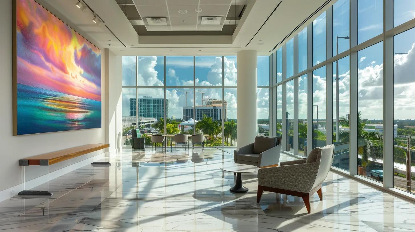 a modern office space in west palm beach features sleek, high-end impact windows showcasing their advanced features and energy efficiency, with a backdrop of vibrant city architecture that highlights the region's unique coastal appeal and market demand.